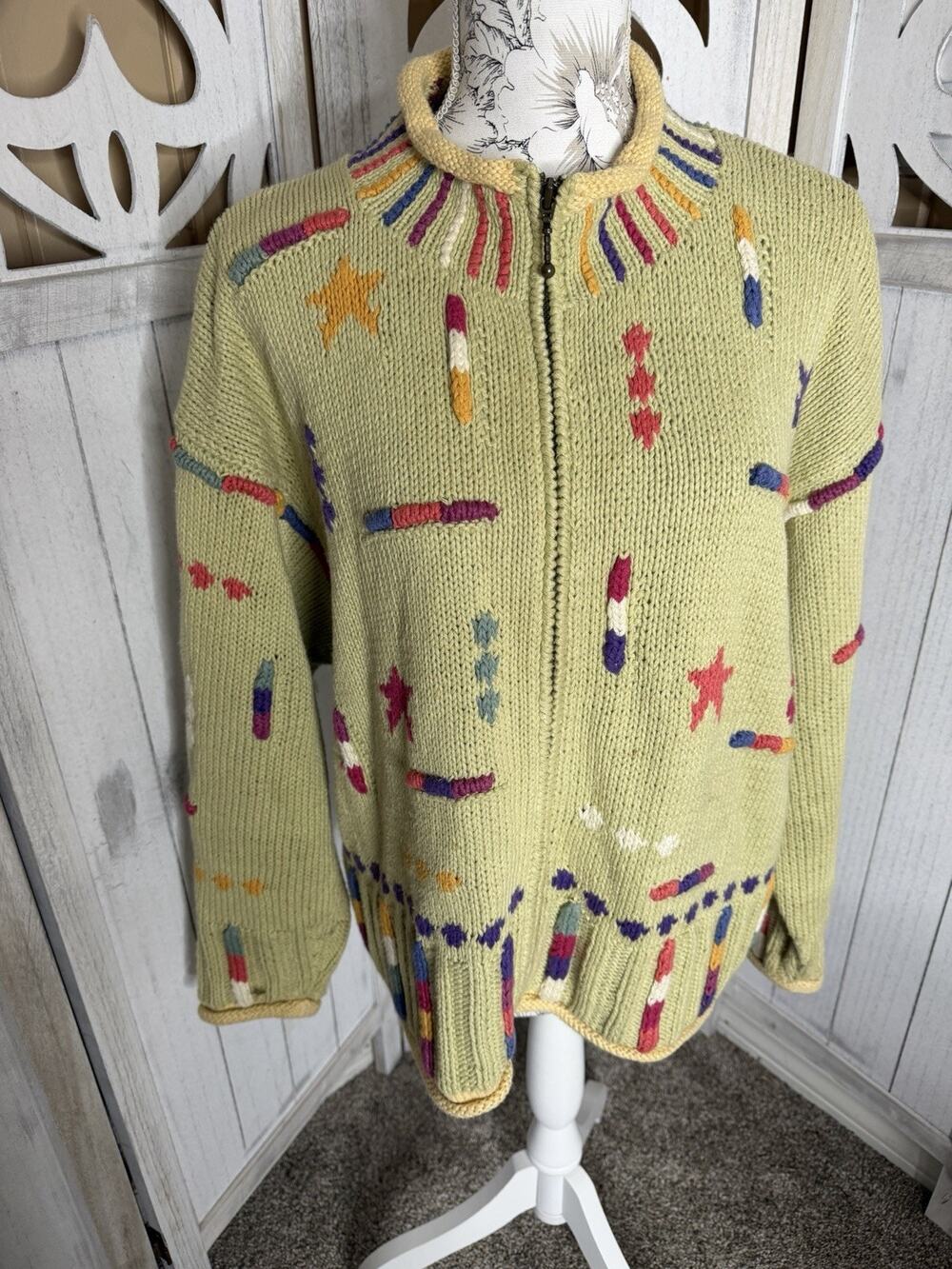 Vintage Icelandic Design Knit Colorful Whimsy Star Cardigan Sweater Size Large